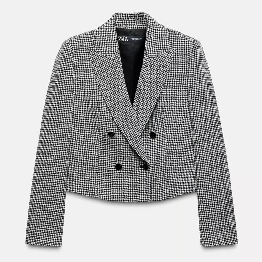 Zara Cropped Double Breasted Houndstooth Patterned Blazer Women's Size Large NWT